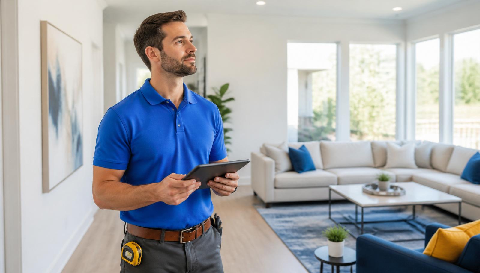 A Fixly pro conducting a rental condition walkthrough with a tablet in a bright modern home